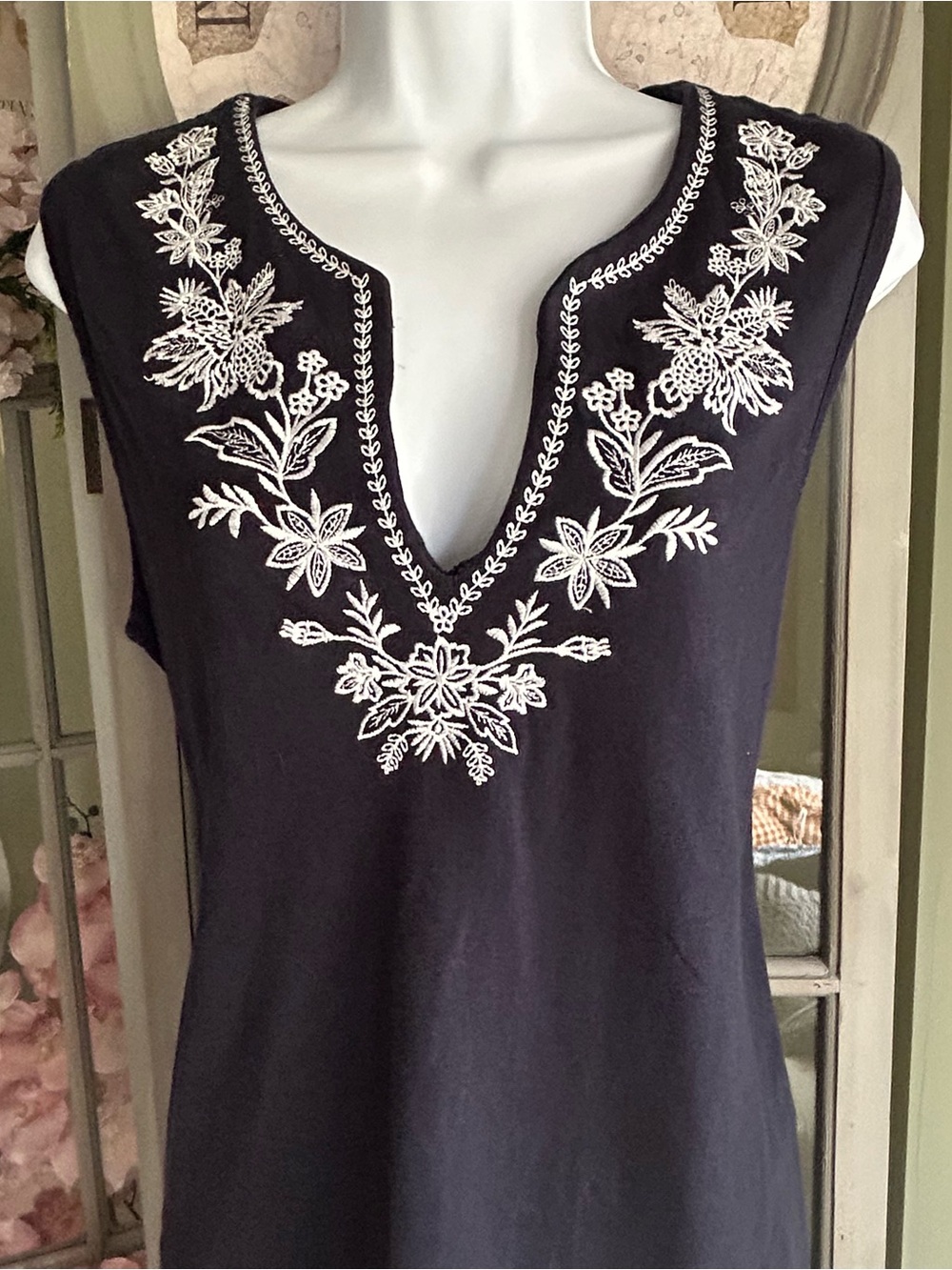 LANDS’ END Cotton Sleeveless Navy Dress Coverup Embroidered Pockets Size L - Picture 3 of 7